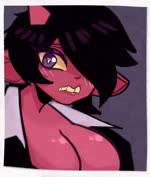 1_horn big_breasts big_ears black_hair bodily_fluids border breasts cleavage clothed clothing collared_shirt female front_view hair hair_over_eye horn lips not_furry red_body red_ears red_face red_horn red_skin shirt simple_background solo sweat sweatdrop teeth topwear worried yellow_sclera qwerty_soda imp 2024 animated bust_portrait digital_media_(artwork) no_sound portrait webm