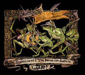 anthro biped green_body group holding_object holding_weapon male open_mouth shield text weapon radji_bd amphibian frog 2025 english_text hi_res