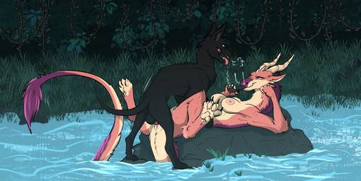 animal_genitalia animal_penis anthro anthro_on_feral anthro_penetrated anus areola bestiality blowing_smoke breasts canine_genitalia canine_penis duo erection feet female female_anthro female_penetrated feral feral_penetrating feral_penetrating_anthro from_front_position fur genitals holding_object holding_pipe horn looking_at_another lying male male/female male_feral male_penetrating male_penetrating_female narrowed_eyes nipples nude on_back open_mouth outdoor_nudity outside_sex pawpads penetration penile penile_penetration penis penis_in_vagina plant sex smile smoking smoking_pipe spread_legs spreading tail teeth toes tongue tongue_out vaginal vaginal_penetration vulva water zafara_(artist) mythology canid canine canis domestic_dog dragon mammal mythological_creature mythological_scalie scalie digital_media_(artwork) hi_res