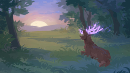 ambiguous_gender antlers blue_sky brown_body brown_fur cloud feral fur grass horn lying meadow mouth_closed on_front orange_sky outside pink_antlers plant sky solo sunset three-quarter_view tree unsigned corzh77 deer mammal 16:9 hi_res widescreen