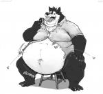 airborne_object anthro belly belly_jiggle belly_overhang big_belly biped black_body black_fur bottomless button_(fastener) button_pop claws clothed clothing double_chin eating food fur holding_food holding_object huge_belly hyper hyper_belly jiggling male moobs navel obese obese_anthro obese_male open_mouth open_smile overweight overweight_anthro overweight_male simple_background sitting smile solo sound_effects straining_buttons teeth toe_claws tongue torn_clothing unbuttoned wardrobe_malfunction weight_gain white_background white_body white_fur wide_hips aokamidu sean_(kuma_1) canid canine canis mammal wolf monochrome