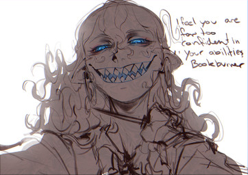 ambiguous_gender clothed clothing curly_hair dialogue dominant dominant_male duo first_person_view glowing glowing_eyes hair holding_knife holding_object humanoid_pointy_ears knife knife_to_throat long_hair looking_at_viewer male nickname not_furry pinned pointy_ears pov_hands pov_pinned sharp_teeth shirt simple_background smile submissive submissive_pov teeth text topwear blackberreh the_magnus_archives gerard_keay michael_shelley the_distortion entity_(tma) humanoid mammal spiral_(tma) absurd_res digital_media_(artwork) hi_res sketch