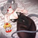 :3 ahoge bed bedding big_breasts blanket blush breasts cleavage clothed clothing female furniture grey_hair hair legwear leotard lying on_back orange_hair pillow plushie red_eyes short_hair solo tights tissue_box sabitare touhou nazrin shou_toramaru animal_humanoid humanoid mammal mammal_humanoid mouse_humanoid murid murid_humanoid murine murine_humanoid rodent rodent_humanoid 1:1 absurd_res hi_res