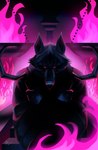 anthro black_sclera cheek_tuft chin_tuft cloak clothed clothing darkness dual_holding dual_wielding facial_markings facial_tuft fire fire_background fluffy head_markings holding_object holding_weapon looking_at_viewer male markings mask_(marking) pink_background pointy_ears poncho prick_ears pupils red_eyes serious serious_face sickle simple_background solo stairs standing symmetry tuft weapon drryuuchan dreamworks puss_in_boots_(franchise) death_(puss_in_boots) canid canine canis mammal wolf hi_res signature