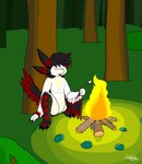 andromorph black_body black_hair camping feathers fire forest hair intersex male plant solo tail tree white_body wood nathylution eikan_blinded avali absurd_res hi_res