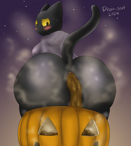 anthro anus big_butt big_ears black_body black_fur blush breasts butt butt_focus clothed clothing curvy_figure feces feces_in_ass feces_pile female food frown fruit fur genitals glistening glistening_body huge_butt looking_back night outside plant pooping pumpkin sitting sitting_on_pumpkin solo star tail thick_thighs vulva yellow_eyes drain_scat google google_doodle magic_cat_academy momo_(google) domestic_cat felid feline felis mammal 2024 hi_res