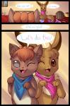 canid canine comic duo eevee english_text female feral generation_1_pokemon inside mammal nintendo one_eye_closed open_mouth pokemon pokemon_(species) pokemon_mystery_dungeon scarf smile spike_chunsoft text vulpix wink zanthu