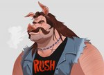 anthro breath clothing ear_piercing facial_hair hair long_hair looking_aside male mustache piercing sleeveless_clothing sleeveless_jacket sleeveless_shirt solo tattoo text polartoons domestic_pig mammal suid suine sus_(pig) english_text