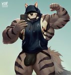 5_fingers anthro armpit_hair barazoku big_muscles black_clothing black_facial_hair black_hair black_jockstrap black_stripes black_underwear blue_clothing blue_eyes blue_hoodie blue_topwear body_hair bulge cellphone claws clothing detailed_bulge electronics facial_hair finger_claws fingers flexing flexing_bicep fur furgonomic_headwear furgonomic_hood furgonomics grey_body grey_fur hair holding_cellphone holding_object holding_phone holding_smartphone hood_up hoodie huge_muscles inner_ear_fluff jockstrap logo male multicolored_body multicolored_fur muscular muscular_thighs nipples pecs phone serratus sleeveless_hoodie smartphone smile solo standing striped_body striped_fur stripes tail taking_picture taking_selfie topwear tuft underwear white_body white_fur white_inner_ear_fluff wufrick magunm canid canine canis mammal wolf 2025 artist_logo hi_res