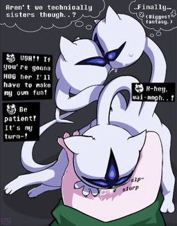3_eyes 3_heads 3_toes animal_ears anthro bestiality bodily_fluids bottomless cloak clothed clothing dialogue duo feet fellatio fellatio_from_feral female female/female feral fur kissing long_neck long_tail looking_at_self multi_eye multi_head multi_head_kiss oral paws penile round_head saliva sex simple_background speech_bubble sweat tail toes gobershmat deltarune european_mythology greek_mythology mythology undertale_(series) clover_(deltarune) ralsei bovid canid canid_demon canine caprine cerberus darkner demon goat hellhound mammal mythological_canine mythological_creature incest_(lore) sibling_(lore) sister_(lore) sisters_(lore) trans_(lore) trans_woman_(lore) triplets_(lore) twincest_(lore) twins_(lore)