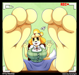3_toes 5_fingers anthro big_breasts black_border border breasts camera_view clothed clothing dialogue dress feet feet_up female fingers foot_focus looking_at_viewer paws recording soles solo supported_legs text toes cornchip21 heartman98 animal_crossing nintendo isabelle_(animal_crossing) canid canine canis domestic_dog mammal english_text hi_res