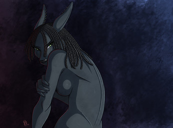 anthro breasts dreadlocks ear_piercing egyptian female green_eyes looking_at_viewer nude piercing side_boob solo conditional_dnp kadath nightshade_(kadath) anubian_jackal canid canine canis jackal mammal digital_media_(artwork) wallpaper