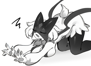 anthro big_breasts breasts butt claws curvy_figure eyelashes female kneeling open_mouth paws pokemorph solo stretching tail chunniwa nintendo pokemon domestic_cat felid feline felis generation_9_pokemon mammal meowscarada pokemon_(species) absurd_res greyscale hi_res monochrome