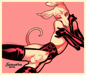 animal_genitalia anthro balls black_text border clothing femboy fully_sheathed genitals gloves handwear latex latex_belt latex_clothing latex_gloves latex_handwear male male_anthro partially_clothed_anthro partially_clothed_male pink_background pink_eyes pose sheath simple_background slim_anthro slim_male solo tail tan_balls tan_body tan_border tan_ears tan_sheath tan_tail text koiranmaitoa canid canine canis domestic_dog mammal 2019 artist_name dated hi_res pinup portrait three-quarter_portrait