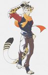 4_toes anthro clothed clothing digitigrade eyewear feet furgonomics glasses male pawpads scarf solo spats tail toes topwear vest yellow_eyes anonymous_artist panzica cheetah felid feline mammal 2025 absurd_res hi_res