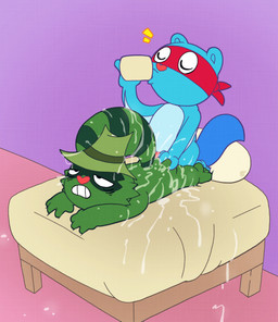 anal anal_penetration bed blue_body blue_fur bodily_fluids butt butt_grab clothing coffee_cup container cum cum_on_back cum_on_butt cup drinking duo erection excessive_cum excessive_genital_fluids eye_bags eyemask eyewear fedora from_behind_position fur furniture genital_fluids genitals green_body green_fur hand_on_butt hat headgear headwear jockey_position lying male male/male male_penetrated male_penetrating male_penetrating_male mask on_front penetration penile penile_penetration penis penis_base penis_in_ass prone_bone_position sex sleep_deprivation superhero text argon_vile happy_tree_friends shifty_(htf) splendid_(htf) flying_squirrel mammal procyonid raccoon rodent sciurid english_text hi_res