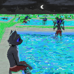 anthro blue_eyes bottomwear clone clothing fur grass grey_body grey_fur male mountain_range night plant red_bottomwear red_clothing red_shorts sad shorts sitting solo surrealism swimming_pool water demensa domestic_cat felid feline felis mammal 1:1 2020 digital_media_(artwork) pixel_(artwork)