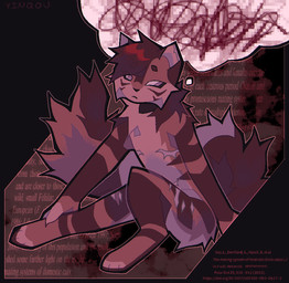 ambiguous_gender anthro cheek_tuft claws digitigrade exaggerated_mastectomy_scar facial_tuft finger_claws fluffy fluffy_tail front_view hair hair_over_eye holding_ankle holding_leg hysterectomy_scar leaning leaning_forward markings mastectomy_scar neck_tuft paws scar scribbles self-harm_scars sitting solo striped_markings stripes tail text text_background thought_bubble toony tuft visibly_trans vinqock jj_(vinqou) domestic_cat felid feline felis mammal english_text