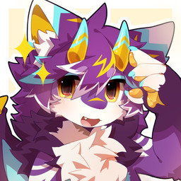 2_horns 4_fingers anthro black_outline blue_markings blush blush_lines border chest_tuft cute_fangs dragon_horn fangs fingers fur horn inner_ear_fluff kemono looking_at_viewer male markings multicolored_body multicolored_fur open_mouth open_smile outline pawpads paws purple_body purple_fur simple_background smile smiling_at_viewer solo sparkles tan_background teeth tuft white_body white_border white_fur yellow_eyes yellow_pawpads hlg7777 mythology dragon furred_dragon furred_scalie mythological_creature mythological_scalie scalie 1:1 2026 bust_portrait cel_shading digital_drawing_(artwork) digital_media_(artwork) hi_res portrait shaded