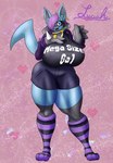 abstract_background anthro big_breasts biped blue_body blue_eyes blue_fur blush breasts clothed clothing eyewear female footwear front_view fully_clothed fur glasses hair happy huge_breasts looking_at_viewer one_eye_obstructed open_mouth paws_in_socks pokemorph purple_hair smile socks solo standing text thick_thighs shieradevil nintendo pokemon fan_character luciah_(shieradevil) canid canine canis generation_4_pokemon lucario mammal pokemon_(species) 2022 absurd_res colored digital_drawing_(artwork) digital_media_(artwork) english_text full-length_portrait hi_res portrait shaded signature