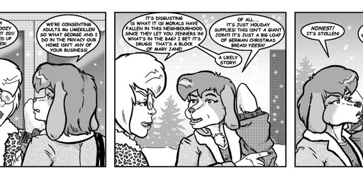 anthro cellphone chest_tuft clothed clothed_female clothing coat dialogue duo electronics eyewear female fur glasses greeting hair phone sneer text topwear tuft style_wager brave_new_world_(style_wager) henrietta_hound beagle canid canine canis domestic_dog hunting_dog mammal scent_hound 2025 comic english_text greyscale monochrome