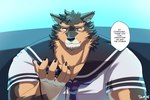 anthro brown_body brown_fur countershading fur jewelry male muscular muscular_anthro muscular_male necklace sailor_uniform solo text chuurow lifewonders live_a_hero pubraseer canid canine canis domestic_dog mammal absurd_res english_text hi_res