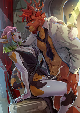 abs accessory anthro antlers athletic athletic_anthro athletic_male blush bodily_fluids breasts clothed clothed_sex clothing cum cum_inside cumshot duo ejaculation erection eye_contact female female_penetrated fingers from_front_position fur genital_fluids genitals hair half-closed_eyes horn looking_at_another looking_pleasured male male/female male_penetrating male_penetrating_female narrowed_eyes necktie open_clothing open_mouth open_shirt open_topwear pecs penetration penile penile_penetration penis sex shirt sitting smile standing standing_sex tail teeth topwear vaginal vaginal_penetration kammi-lu andrew_macgowan deer domestic_cat felid feline felis mammal digital_media_(artwork)