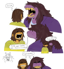 anthro brown_hair clothing duo female freckles green_clothing green_shirt green_topwear hair hair_over_eyes male purple_body shirt simple_background speech_bubble teeth text topwear white_background colicolicolicoli deltarune undertale_(series) kris_dreemurr susie_(deltarune) human mammal scalie 2025 english_text hi_res nonbinary_(lore)