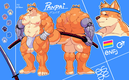 abs accessory anthro areola arm_wraps asian_clothing barazoku biped blue_background blue_headband butt clothed clothing east_asian_clothing eyes_closed feet fingers front_view fundoshi fundoshi_only fur gender_symbol hand_on_hip happy headband holding_katana holding_melee_weapon holding_object holding_sword holding_weapon humanoid_feet humanoid_hands japanese_clothing katana lgbt_pride logo male male_symbol mechanical_arm melee_weapon multiple_angles muscular muscular_anthro muscular_arms muscular_legs muscular_male navel nipples orange_body orange_fur pansexual_pride_colors pantsless_anthro pantsless_male pecs plantigrade pride_colors rear_view scar simple_background smile solo standing sword symbol tail tan_body tan_fur text toes tongue tongue_out topless topless_anthro topless_male underwear underwear_only weapon wraps egg_concept panpai_(egg_concept) canid canine canis domestic_dog mammal shiba_inu spitz 2024 absurd_res artist_logo bust_portrait character_name colored full-length_portrait hi_res japanese_text model_sheet portrait shaded