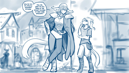 4_toes 5_fingers anthro armor biped boots bottomwear breasts cape clothed clothed_anthro clothed_female clothed_male clothing dialogue digitigrade disguise duo feet female fingers foot_wraps footwear fully_clothed fully_clothed_anthro fully_clothed_female fully_clothed_male fur furgonomics hair headgear helmet hidden_eyes humor larger_female male outside pauldron shoes size_difference smaller_male tail text toes topwear town wraps conditional_dnp tom_fischbach twokinds keith_keiser king_adelaide basitin mammal 2026 7:4 blue_and_white digital_drawing_(artwork) digital_media_(artwork) english_text hi_res monochrome sketch