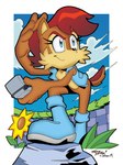 2024 anthro archie_comics blue_clothing blue_eyes blue_footwear blue_jacket blue_topwear boots brown_body brown_fur chipmunk clothing cloud eyebrows eyelashes female flower footwear fur grass ground_squirrel hair hi_res jacket mammal mobian_monster nicole_(computer) plant red_eyebrows red_hair rock rodent sally_acorn sciurid sega shoes sky smile solo sonic_the_hedgehog_(archie) sonic_the_hedgehog_(comics) sonic_the_hedgehog_(series) tail topwear tracy_yardley