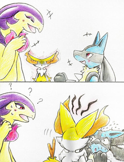 2_panel_comic 3_fingers 5_fingers :o ambiguous_anthro ambiguous_gender angry anthro arm_tuft aura black_body blush blush_lines bodily_fluids cheek_tuft chest_tuft emanata eyelashes eyes_closed facial_tuft fingers flat_chested flying_sweatdrops front_view fur group hip_tuft inner_ear_fluff jealous leaning leaning_backward multicolored_body multicolored_fur nude_ambiguous nude_anthro object_in_tail on_model open_mouth open_smile orange_body orange_fur orange_inner_ear_fluff orange_nose pink_aura pointy_ears prick_ears purple_body purple_fur question_mark red_eyes shoulder_tuft side_view simple_background smile spikes spikes_(anatomy) standing stick stick_in_tail sweat sweatdrop tail tapering_snout three-quarter_view tongue trio tuft two_tone_body white_background white_body white_fur yellow_body yellow_fur yellow_tail eiroru nintendo pokemon braixen canid generation_4_pokemon generation_6_pokemon generation_8_pokemon hisuian_form hisuian_typhlosion lucario mammal pokemon_(species) regional_form_(pokemon) 2026 colored colored_pencil_(artwork) comic graphite_(artwork) hi_res shaded traditional_media_(artwork)