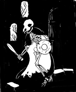 ambiguous_gender anthro bone cape clothing column dungeon greek_armor melee_weapon shield skeleton solo sword weapon window phano canid canine humanoid mammal hi_res monochrome