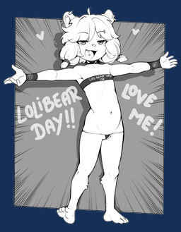 4_toes 5_fingers anthro biped clothed clothing dialogue eyelashes feet female fingers flat_chested fur genitals loli open_mouth panties piercing pupils pussy_floss simple_background skimpy smile solo text toes tongue tongue_piercing underwear vulva young young_female sicmop molly_(sicmop) bear mammal absurd_res alpha_channel hi_res monochrome