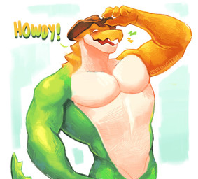 adjusting_hat anthro candy clothing cowboy_hat dessert food green_body greeting_viewer hat hat_only headgear headgear_only headwear headwear_only male mostly_nude muscular muscular_anthro muscular_male pecs solo tail text v-cut white_body yellow_body fungiteh glitch_productions the_amazing_digital_circus gummigoo_(tadc) crocodile crocodilian food_creature living_candy reptile scalie 2025 digital_media_(artwork) english_text half-length_portrait hi_res portrait url