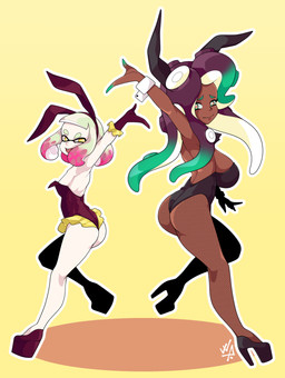 big_breasts big_butt breasts bunny_costume butt clothing costume cuffs_(clothing) dark_body dark_skin duo eyelashes fake_ears fake_rabbit_ears female fishnet_clothing fishnet_legwear green_eyes green_hair hair legwear long_hair looking_at_viewer multicolored_hair pink_hair pseudo_hair purple_hair short_hair simple_background small_breasts smile tan_body tan_skin tentacle_hair tentacles thick_thighs two_tone_hair white_hair wide_hips yellow_background yellow_eyes weepinbelly nintendo splatoon marina_(splatoon) pearl_(splatoon) animal_humanoid aquatic aquatic_humanoid cephalopod cephalopod_humanoid humanoid inkling mollusk mollusk_humanoid octarian octoling octopus_humanoid squid_humanoid