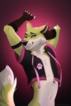2024 anthro arm_tuft arms_bent biped black_clothing black_eyebrows black_nose black_topwear canid canine cheek_tuft chest_tuft claws clothing crop_top digital_media_(artwork) dipstick_tail elbow_tuft eyebrows facial_tuft fangs femboy fox front_view fur gloves gorsha_pendragon gradient_background green_body green_fur green_tail grey_eyes hand_behind_head handwear hi_res looking_at_viewer male mammal markings midriff navel neck_tuft one_eye_closed raised_hand red_background red_clothing red_gloves red_handwear shirt simple_background smile solo standing tail tail_markings teeth topwear tuft whiskers white_body white_claws white_fur white_tail white_whiskers wink winking_at_viewer yeltsin