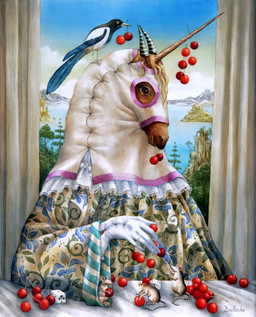 ambiguous_gender anthro biped cherry clothed clothing d6 dice feral food fruit gloves handwear horn mask plant sitting solo wearing_mask agnes_boulloche avian bird equid equine horse mammal murid murine rat rodent 2012