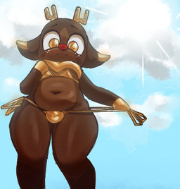 anthro antlers bikini bulge butt cartoon_freckles clothing detailed_bulge freckled_face freckles fur hooves horn male red_nose solo swimwear tail two-piece_swimsuit punishedtooner blushcrunch_studio dandy's_world roblox rudie_(dandy's_world) deer mammal new_world_deer reindeer toon_(dandy's_world)
