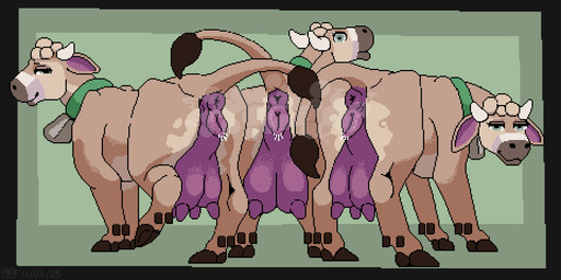 anus brown_body brown_fur brown_hooves butt female feral fur genitals group hooves horn looking_at_viewer musk musk_cloud musky_vulva pink_anus pink_vulva presenting presenting_anus presenting_vulva puffy_anus teats trio udders vulva mustard_(welcometothevoid) bovid bovine cattle mammal