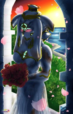 arch beach blush bouquet cherry_blossom clothing dress female flower flower_bouquet forest plant prunus_(flower) rose_(flower) sea solo sunset tree water wedding wedding_dress wedding_veil dr_artist ivara_(warframe) ivara_prime_(warframe) humanoid colored hi_res