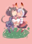 anthro apron baker cake chibi clothing dessert duo female female/female food heart_symbol nuzzling mcdkmoon lifewonders live_a_hero cat_operator kirsch_(live_a_hero) protagonist_(live_a_hero) domestic_cat felid feline felis lagomorph leporid mammal rabbit