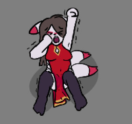 2_tails anthro arm_over_head asian_clothing black_clothing black_legwear black_thigh_highs breasts brown_hair chinese_clothing chinese_dress clothing covering covering_mouth covering_own_mouth covering_self dress east_asian_clothing eyes_closed female front_view fur grey_background hair high-angle_view legwear motion_outline multi_tail open_mouth red_clothing red_dress shaking shivering simple_background sitting sitting_on_ground slit_dress solo spread_legs spreading squinted_eyes stretching_arms tail thigh_highs tired toony white_body white_fur yawn yawning_position lukaru hikaru_kitagawa canid canine fox mammal 2026 colored_line_art digital_media_(artwork) portrait