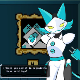 blue_ears blue_hair clothing female feral floating_hands gesture hair hand_gesture hands_on_hips machine painting_(object) pointing smile solo text whip white_clothing yellow_eyes jeni2147 deltarune undertale_(series) tasque_manager darkner robot 1:1 absurd_res english_text hi_res