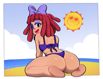 beach big_butt bikini bow_ribbon butt butt_focus button_(fastener) button_eyes clothing cloud doll featureless_feet feet female hair happy kneeling leaning leaning_forward light looking_at_viewer looking_back open_mouth presenting presenting_hindquarters purple_bikini purple_clothing purple_ribbon purple_swimwear rag_doll_(toy) rear_view red_hair sea shadow smile soles solo stitch_(sewing) sun swimwear thick_thighs two-piece_swimsuit water ari_dibujitos glitch_productions the_amazing_digital_circus ragatha_(tadc) sun_(tadc) animate_inanimate digital_creature humanoid living_doll living_sun living_toy absurd_res hi_res lighting watermark