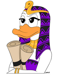 beak bracelet clothing collar comic_book_character dress egyptian female gold_(metal) gold_bracelet gold_collar gold_jewelry headdress headgear headwear jewelry metal_collar purple_clothing purple_dress purple_headdress purple_headwear scribe scroll serious_face snake_headdress solo lunula disney from_the_diaries_of_the_ancestors isis_duck anatid anseriform avian bird duck