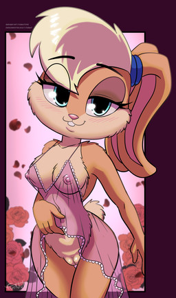 anthro areola blonde_hair blue_eyes breasts buckteeth clothed clothing clothing_lift female flower fur genitals hair lingerie looking_at_viewer nipples plant rose_(flower) seductive smile solo standing tail teeth translucent translucent_clothing vulva furnut looney_tunes warner_brothers lola_bunny lagomorph leporid mammal rabbit absurd_res digital_media_(artwork) hi_res