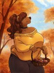 anthro autumn big_breasts breasts brown_body brown_fur brown_hair brown_nose choker clothed clothing detailed_background female fungus fur hair huge_breasts jewelry mushroom necklace solo thetiedtigress bear mammal 2019