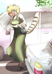 accident anthro blonde_hair blush bodily_fluids car clothed clothing desperation embarrassed female genital_fluids hair looking_at_viewer omorashi open_mouth outside parking peeing raised_tail solo stripes tail urine vehicle wetting yellow_eyes mttbsmn felid mammal pantherine tiger absurd_res hi_res