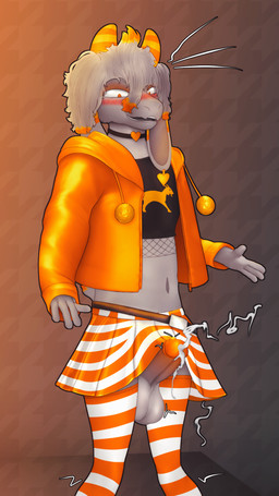 anthro balls belt big_balls big_penis black_clothing black_crop_top black_shirt black_topwear blush bodily_fluids bottomwear choker clothed clothing crop_top crossdressing cum ejaculation erection erection_under_skirt femboy floppy_ears fur genital_fluids genitals grey_body grey_fur hair hands-free heart_choker hoodie horn jewelry legwear male necklace orange_bottomwear orange_clothing orange_eyes orange_hoodie orange_horn orange_legwear orange_skirt orange_thigh_highs orange_topwear pattern_bottomwear pattern_clothing pattern_legwear pattern_skirt pattern_thigh_highs penis shirt skirt solo spontaneous_ejaculation striped_bottomwear striped_clothing striped_legwear striped_skirt striped_thigh_highs stripes tail thigh_highs topwear conditional_dnp gusta gusta_(gusta) bovid caprine goat mammal 9:16 hi_res